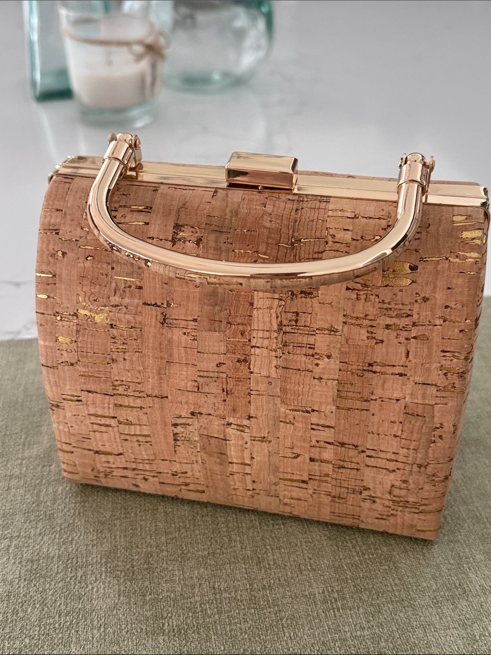 Natural Cork Hard Framed Mini Handbag with Gold Detail NEW - Picture 2 of 11